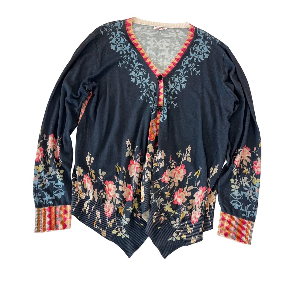 Johnny Was Wonder Swing Sweater Floral V-Neck Asymmetrical Cardigan Navy SMALL